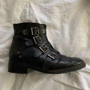Musse & Cloud Black Leather Buckle Biker Boots